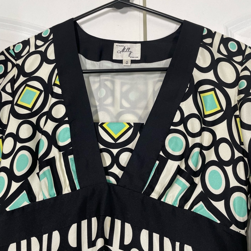 Milly 100% Silk Geo Print Elbow Sleeves Dress size 0 - Picture 11 of 14